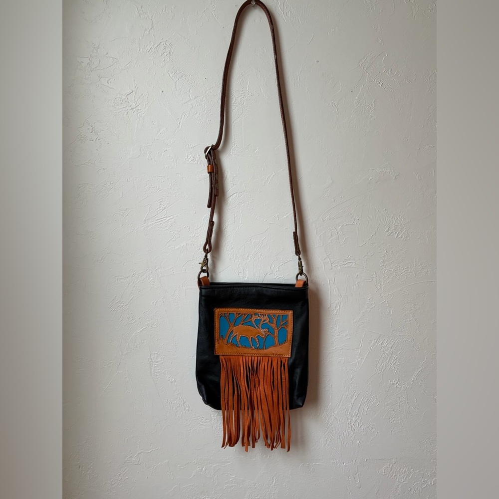 Handmade Alaska Leather Fringe Crossbody Bag Deer Scene Boho Western